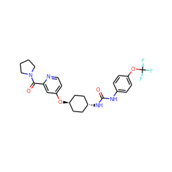 O=C(Nc1ccc(OC(F)(F)F)cc1)N[C@H]1CC[C@H](Oc2ccnc(C(=O)N3CCCC3)c2)CC1 ZINC000261149388