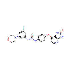O=C(Nc1ccc(Oc2ccnc3[nH]c(=O)[nH]c23)cc1)Nc1cc(F)cc(N2CCOCC2)c1 ZINC000040939516