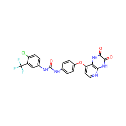 O=C(Nc1ccc(Oc2ccnc3[nH]c(=O)c(=O)[nH]c23)cc1)Nc1ccc(Cl)c(C(F)(F)F)c1 ZINC000058538394