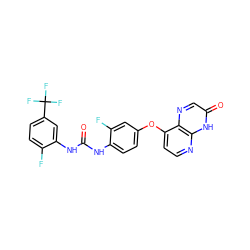 O=C(Nc1ccc(Oc2ccnc3[nH]c(=O)cnc23)cc1F)Nc1cc(C(F)(F)F)ccc1F ZINC000058468597