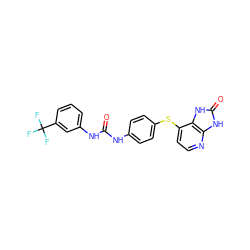 O=C(Nc1ccc(Sc2ccnc3[nH]c(=O)[nH]c23)cc1)Nc1cccc(C(F)(F)F)c1 ZINC000040845652