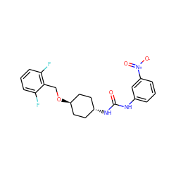 O=C(Nc1cccc([N+](=O)[O-])c1)N[C@H]1CC[C@H](OCc2c(F)cccc2F)CC1 ZINC000261077290