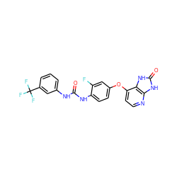 O=C(Nc1cccc(C(F)(F)F)c1)Nc1ccc(Oc2ccnc3[nH]c(=O)[nH]c23)cc1F ZINC000040974040
