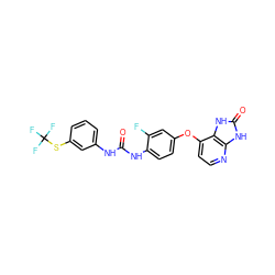 O=C(Nc1cccc(SC(F)(F)F)c1)Nc1ccc(Oc2ccnc3[nH]c(=O)[nH]c23)cc1F ZINC000040976710
