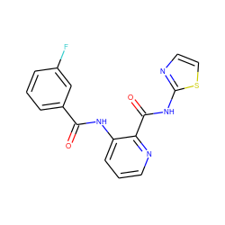 O=C(Nc1cccnc1C(=O)Nc1nccs1)c1cccc(F)c1 ZINC000013521884