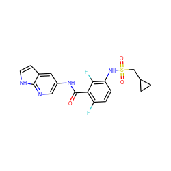 O=C(Nc1cnc2[nH]ccc2c1)c1c(F)ccc(NS(=O)(=O)CC2CC2)c1F ZINC000072181312