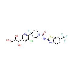 O=C(Nc1nc2ccc(C(F)(F)F)cc2s1)N1CCC(F)(c2ncc([C@H](O)[C@H](O)CO)cc2Cl)CC1 ZINC000143004108