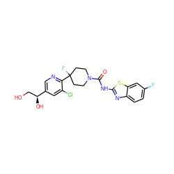 O=C(Nc1nc2ccc(F)cc2s1)N1CCC(F)(c2ncc([C@@H](O)CO)cc2Cl)CC1 ZINC000141066557