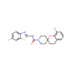 O=C(Nc1nc2ccc(F)cc2s1)N1CCC2(CCc3cccc(Cl)c3O2)CC1 ZINC000096286122