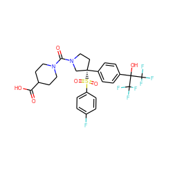 O=C(O)C1CCN(C(=O)N2CC[C@](c3ccc(C(O)(C(F)(F)F)C(F)(F)F)cc3)(S(=O)(=O)c3ccc(F)cc3)C2)CC1 ZINC001772606258