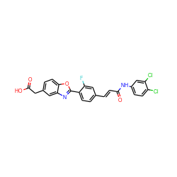 O=C(O)Cc1ccc2oc(-c3ccc(/C=C/C(=O)Nc4ccc(Cl)c(Cl)c4)cc3F)nc2c1 ZINC000003959830
