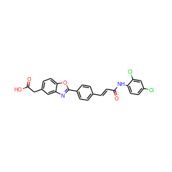 O=C(O)Cc1ccc2oc(-c3ccc(/C=C/C(=O)Nc4ccc(Cl)cc4Cl)cc3)nc2c1 ZINC000028524890