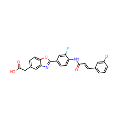 O=C(O)Cc1ccc2oc(-c3ccc(NC(=O)/C=C/c4cccc(Cl)c4)c(F)c3)nc2c1 ZINC000028524891