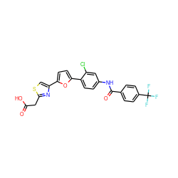 O=C(O)Cc1nc(-c2ccc(-c3ccc(NC(=O)c4ccc(C(F)(F)F)cc4)cc3Cl)o2)cs1 ZINC000028524323