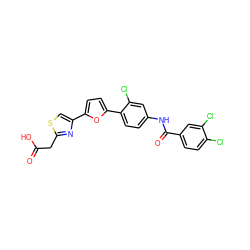 O=C(O)Cc1nc(-c2ccc(-c3ccc(NC(=O)c4ccc(Cl)c(Cl)c4)cc3Cl)o2)cs1 ZINC000003938342