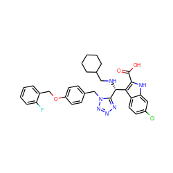 O=C(O)c1[nH]c2cc(Cl)ccc2c1[C@@H](NCC1CCCCC1)c1nnnn1Cc1ccc(OCc2ccccc2F)cc1 ZINC001772619651