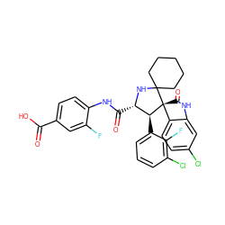 O=C(O)c1ccc(NC(=O)[C@@H]2NC3(CCCCC3)[C@@]3(C(=O)Nc4cc(Cl)ccc43)[C@H]2c2cccc(Cl)c2F)c(F)c1 ZINC000205364252