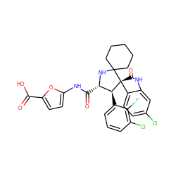O=C(O)c1ccc(NC(=O)[C@@H]2NC3(CCCCC3)[C@@]3(C(=O)Nc4cc(Cl)ccc43)[C@H]2c2cccc(Cl)c2F)o1 ZINC001772578258