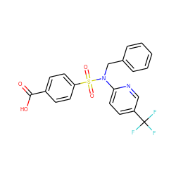 O=C(O)c1ccc(S(=O)(=O)N(Cc2ccccc2)c2ccc(C(F)(F)F)cn2)cc1 ZINC000113161692