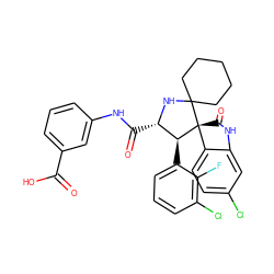 O=C(O)c1cccc(NC(=O)[C@@H]2NC3(CCCCC3)[C@@]3(C(=O)Nc4cc(Cl)ccc43)[C@H]2c2cccc(Cl)c2F)c1 ZINC000169700271