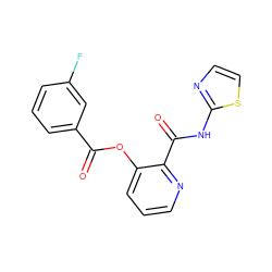 O=C(Oc1cccnc1C(=O)Nc1nccs1)c1cccc(F)c1 ZINC000013521939
