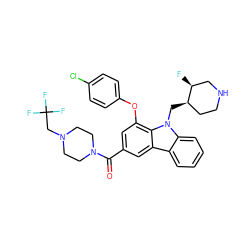 O=C(c1cc(Oc2ccc(Cl)cc2)c2c(c1)c1ccccc1n2C[C@@H]1CCNC[C@@H]1F)N1CCN(CC(F)(F)F)CC1 ZINC000028889701