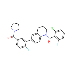 O=C(c1ccc(F)c(-c2ccc3c(c2)CCCN3C(=O)c2c(F)cccc2Cl)c1)N1CCCC1 ZINC000221932021