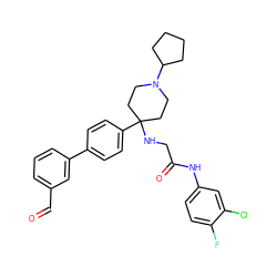 O=Cc1cccc(-c2ccc(C3(NCC(=O)Nc4ccc(F)c(Cl)c4)CCN(C4CCCC4)CC3)cc2)c1 ZINC000038157901