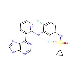 O=S(=O)(Nc1ccc(F)c(Nc2ncccc2-c2ncnc3[nH]cnc23)c1F)C1CC1 ZINC000166380750