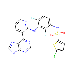 O=S(=O)(Nc1ccc(F)c(Nc2ncccc2-c2ncnc3[nH]cnc23)c1F)c1ccc(Cl)s1 ZINC000166374816
