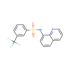 O=S(=O)(Nc1cccc2cccnc12)c1cccc(C(F)(F)F)c1 ZINC000007709440