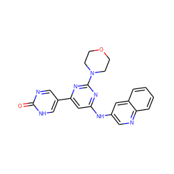 O=c1ncc(-c2cc(Nc3cnc4ccccc4c3)nc(N3CCOCC3)n2)c[nH]1 ZINC000066074680