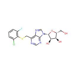 OC[C@H]1O[C@@H](n2cnc3c(CSc4c(F)cccc4Cl)ncnc32)[C@H](O)[C@@H]1O ZINC000029057558