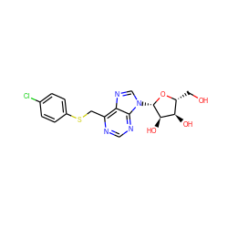 OC[C@H]1O[C@@H](n2cnc3c(CSc4ccc(Cl)cc4)ncnc32)[C@H](O)[C@@H]1O ZINC000029058669