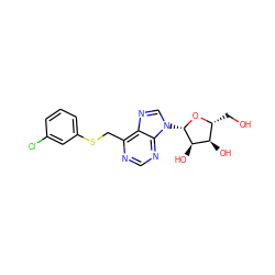 OC[C@H]1O[C@@H](n2cnc3c(CSc4cccc(Cl)c4)ncnc32)[C@H](O)[C@@H]1O ZINC000029059325