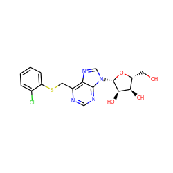 OC[C@H]1O[C@@H](n2cnc3c(CSc4ccccc4Cl)ncnc32)[C@H](O)[C@@H]1O ZINC000029057543