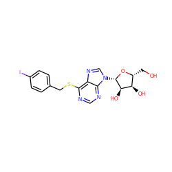 OC[C@H]1O[C@@H](n2cnc3c(SCc4ccc(I)cc4)ncnc32)[C@H](O)[C@@H]1O ZINC000038432500