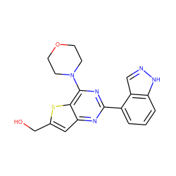 OCc1cc2nc(-c3cccc4[nH]ncc34)nc(N3CCOCC3)c2s1 ZINC000049046033