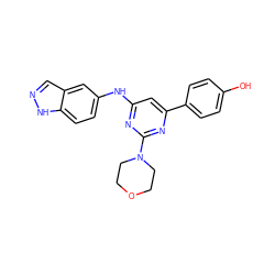 Oc1ccc(-c2cc(Nc3ccc4[nH]ncc4c3)nc(N3CCOCC3)n2)cc1 ZINC000003820617