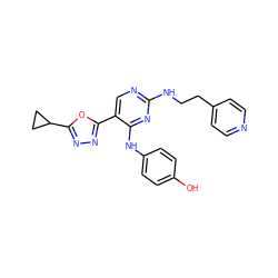 Oc1ccc(Nc2nc(NCCc3ccncc3)ncc2-c2nnc(C3CC3)o2)cc1 ZINC000045496234